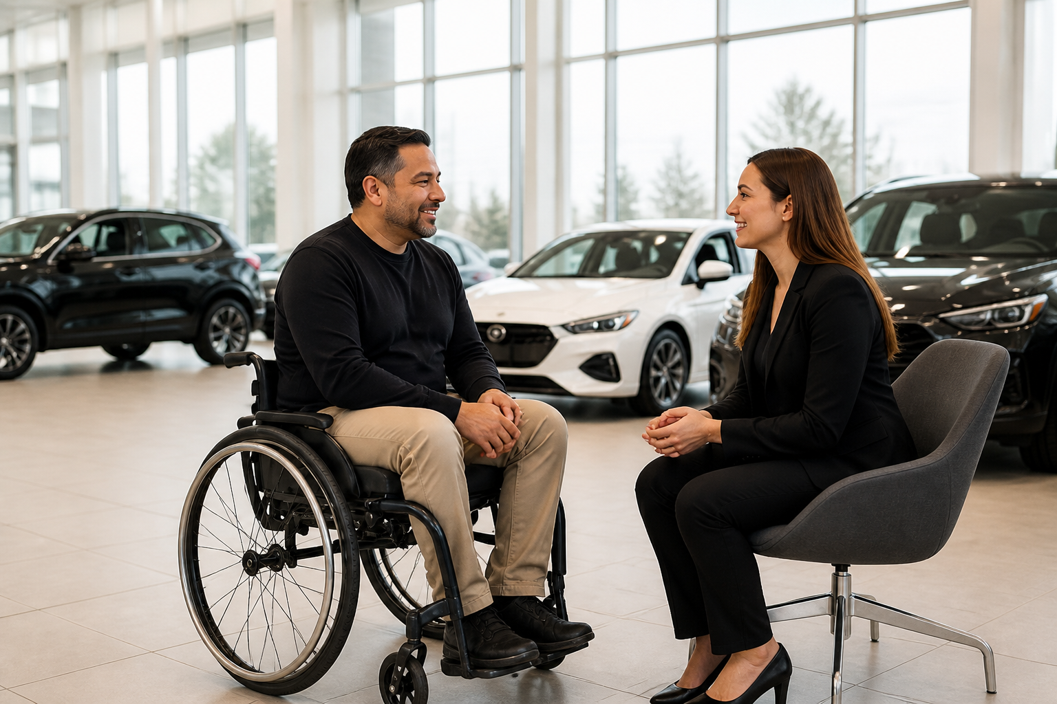 A customer using a wheelchair speaking with a dealership advisor in a modern showroom