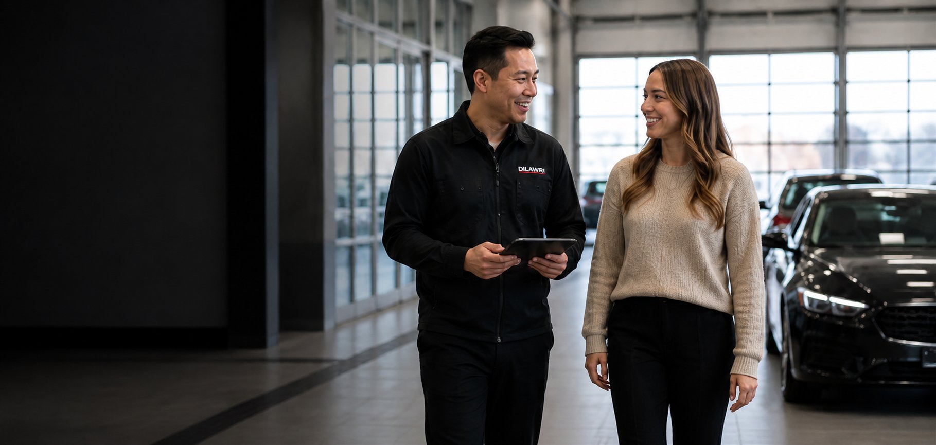 Customer speaking with a Dilawri advisor in a dealership