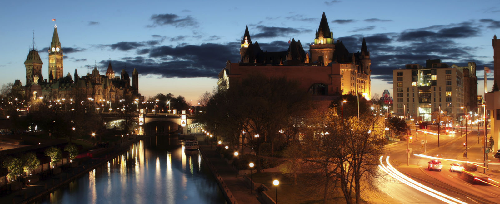 Ottawa skyline and the Rideau Canal at dusk