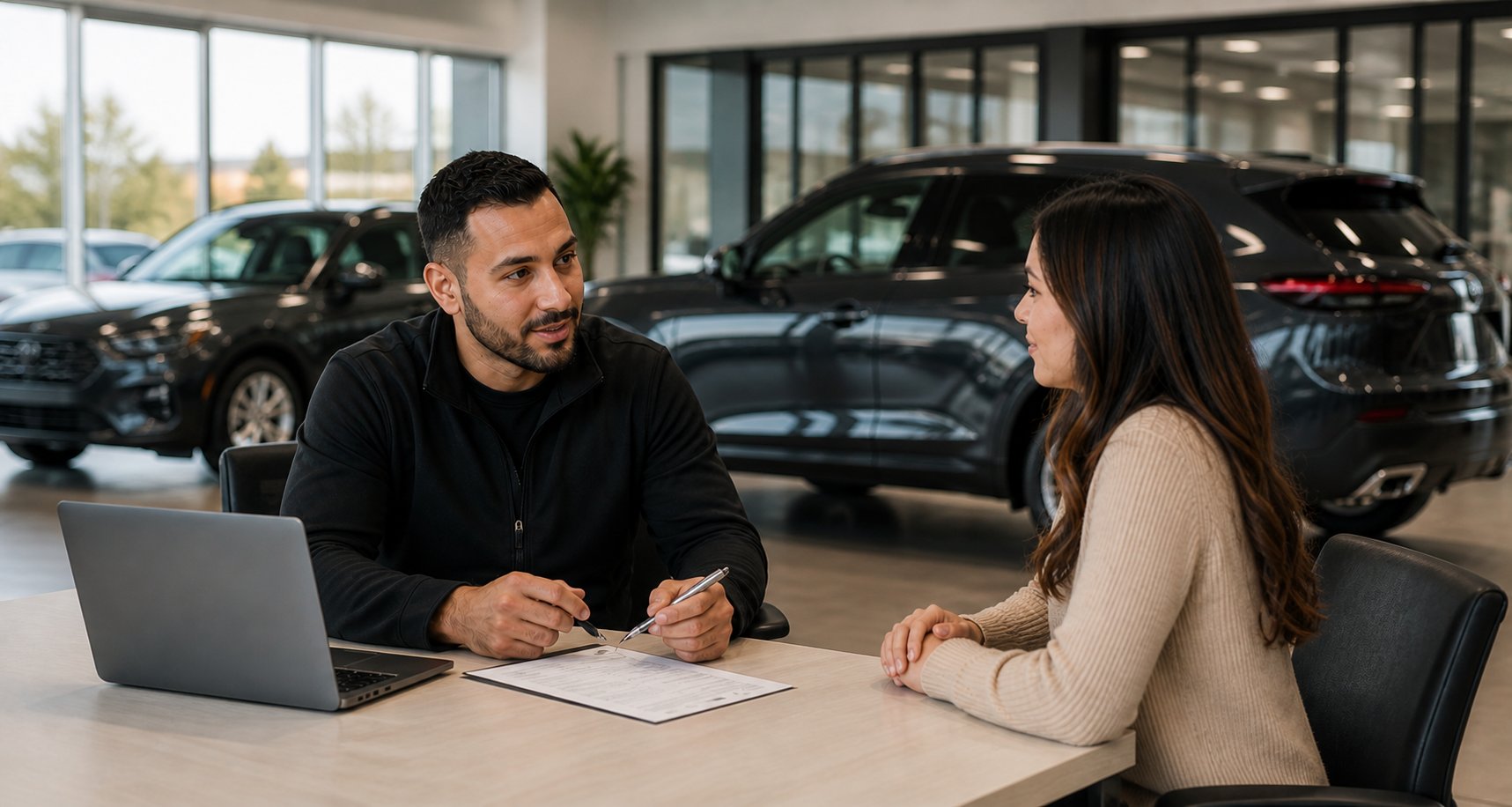 Finance advisor helping a customer understand her vehicle financing options