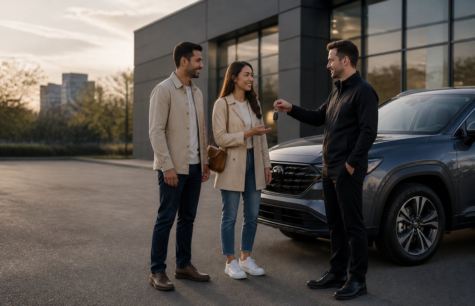 Customers meeting an advisor beside a vehicle