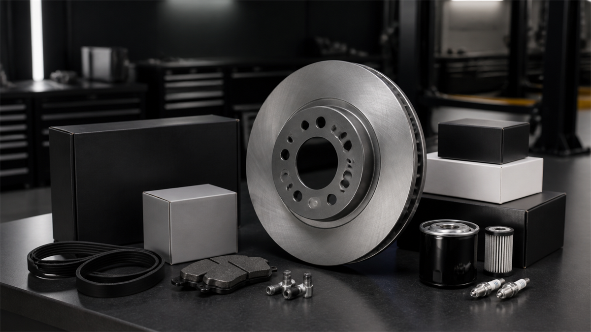 Genuine automotive parts arranged on a parts counter