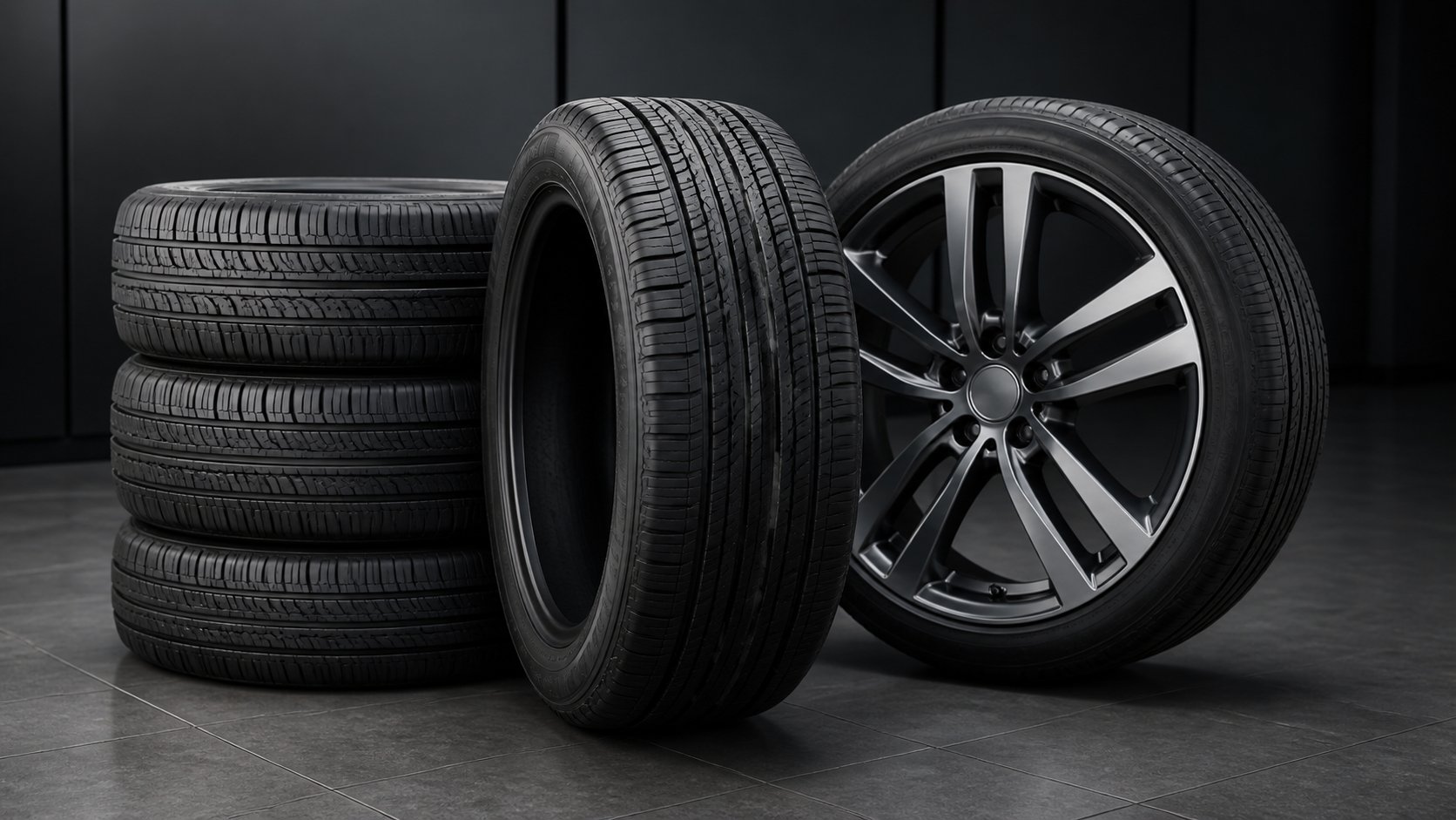 Premium tires and an alloy wheel in a studio setting
