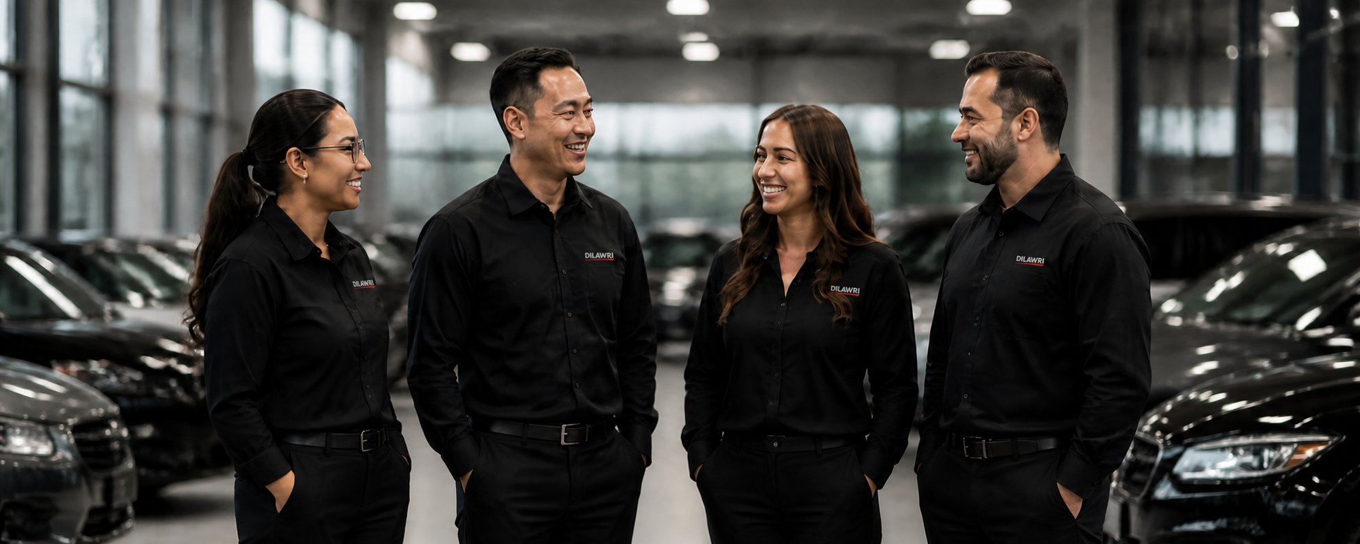 Dilawri colleagues sharing a conversation in a dealership showroom