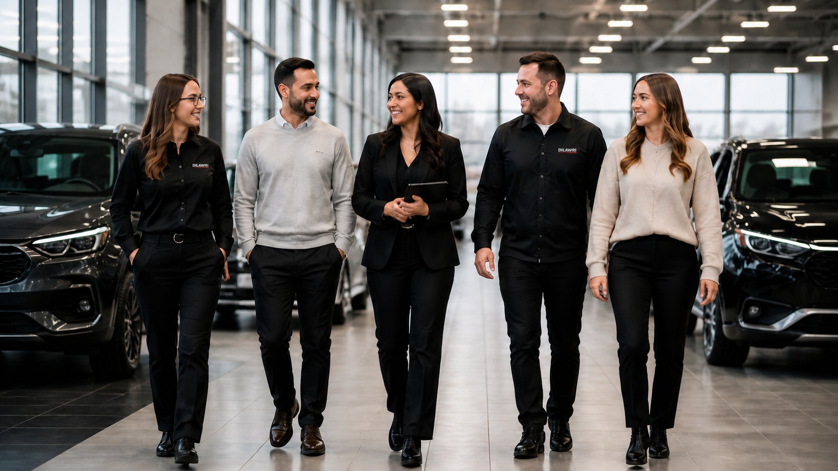 A diverse automotive corporate team walking together through a modern dealership showroom